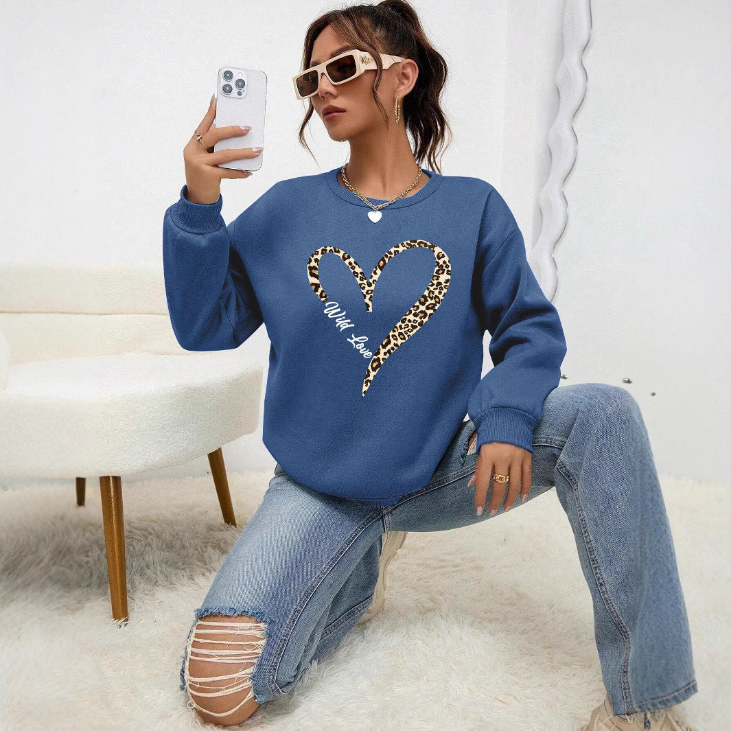 Leopard Wild Heart Pattern Print Female Sweatshirt Set Fur-L