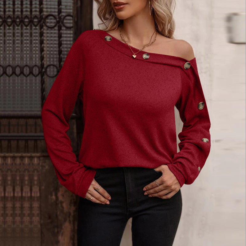European And American New Women's Fashion Button Off Shoulder Top
