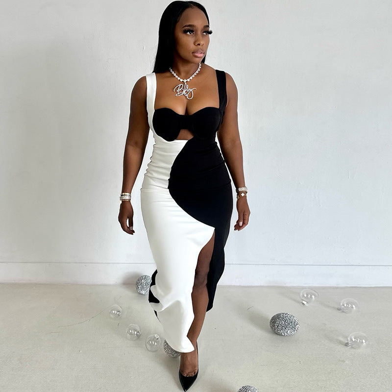 Women's Wear Black And White Color Matching Backless Slip Dress Pleated Sleeveless Collarless Split Length Dress