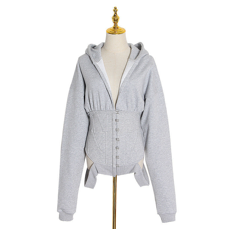 Versatile Long-sleeved Waist Fitting Hooded V-neck Top