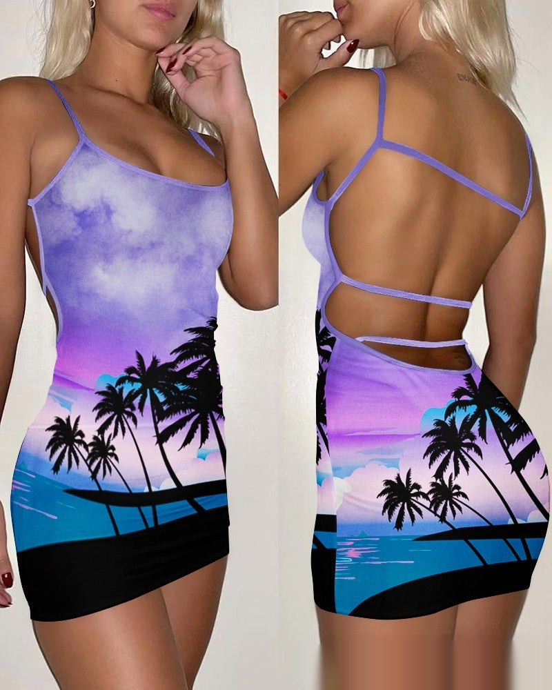 European And American Fashion Casual Sling Backless Print Dress
