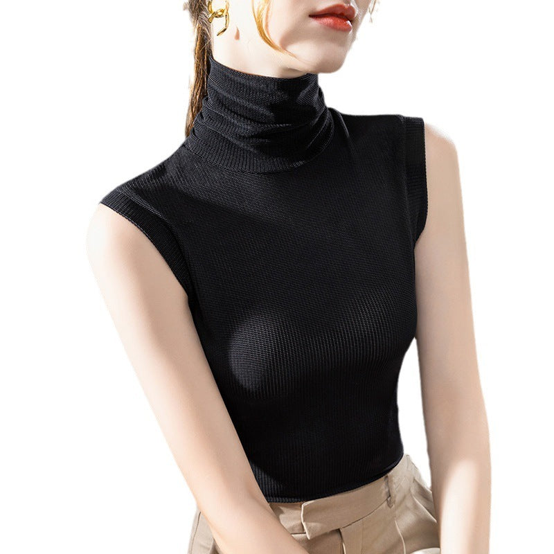 Ladies New Turtleneck Grenadine Solid Color Waist Tight Sleeveless Top