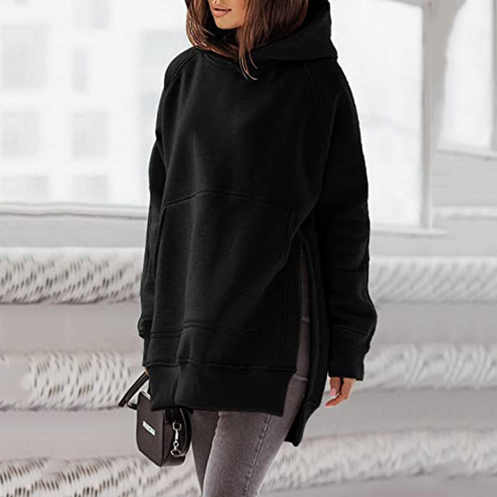 Women's Solid Round Neck Loose Pocket Plush Hoodie