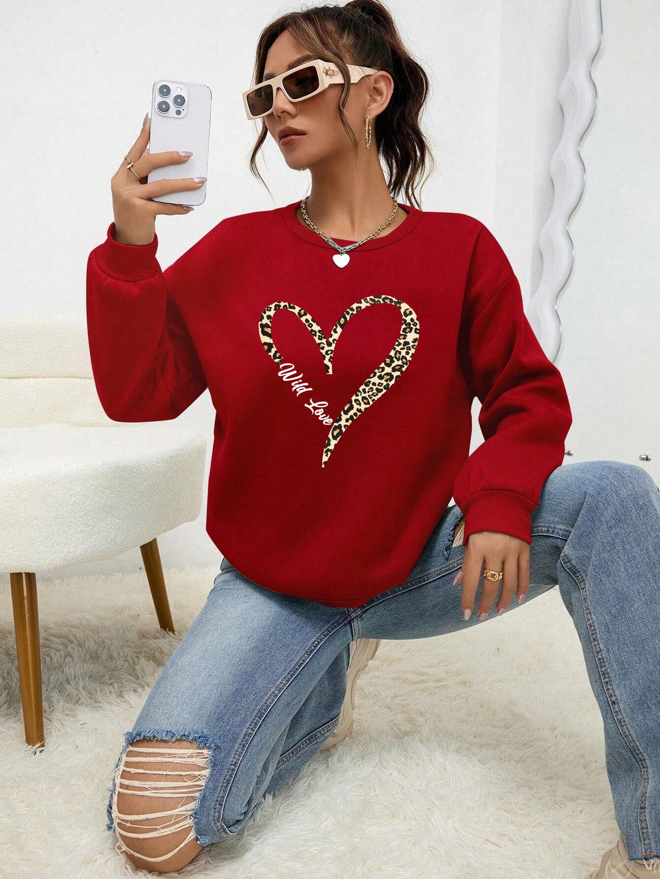 Leopard Wild Heart Pattern Print Female Sweatshirt Set Fur-L