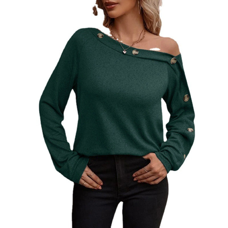 European And American New Women's Fashion Button Off Shoulder Top
