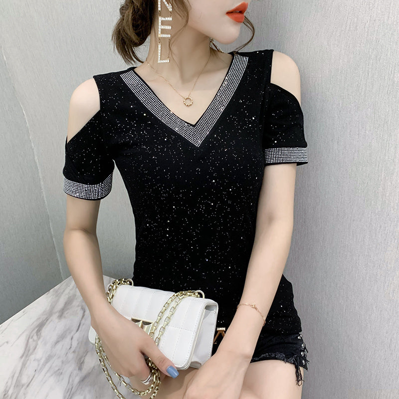 T-shirt sexy off shoulder shiny v-neck diamond