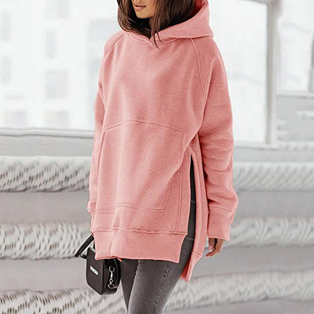 Women's Solid Round Neck Loose Pocket Plush Hoodie
