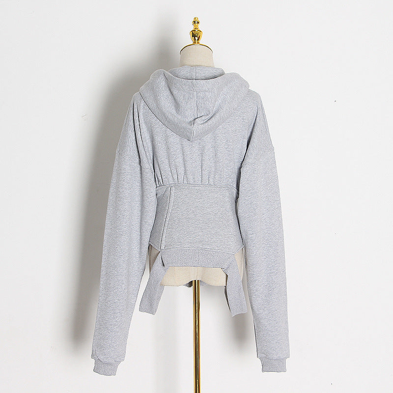 Versatile Long-sleeved Waist Fitting Hooded V-neck Top