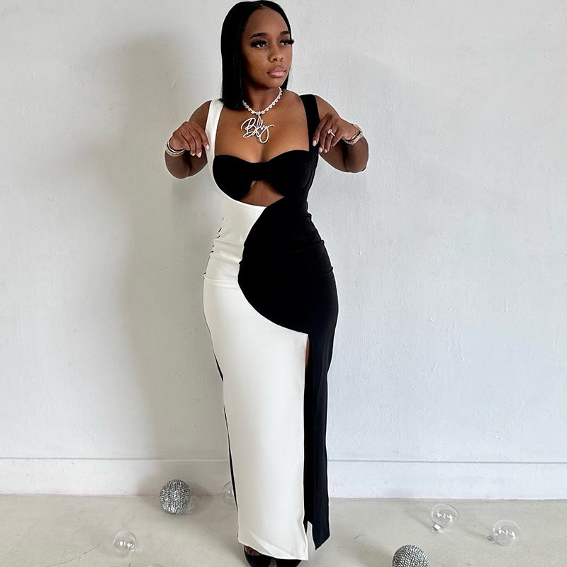Women's Wear Black And White Color Matching Backless Slip Dress Pleated Sleeveless Collarless Split Length Dress
