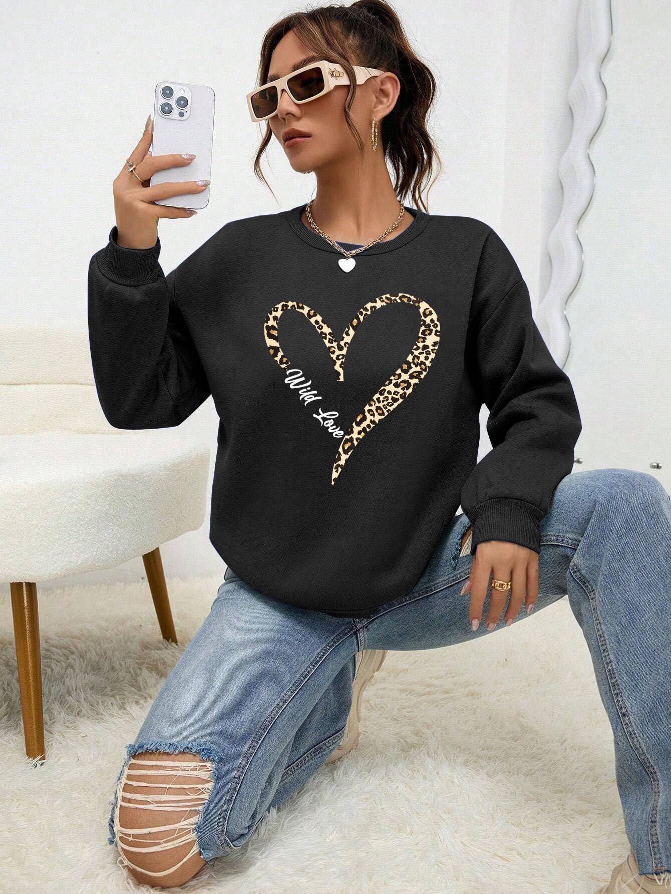 Leopard Wild Heart Pattern Print Female Sweatshirt Set Fur-L