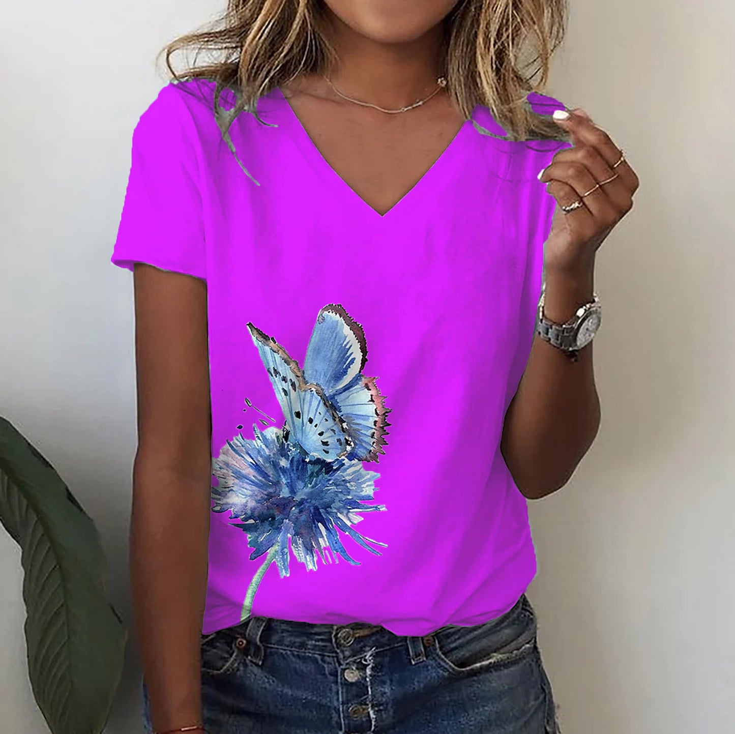 Fashion Butterfly Print Amazon V-neck Short Sleeve