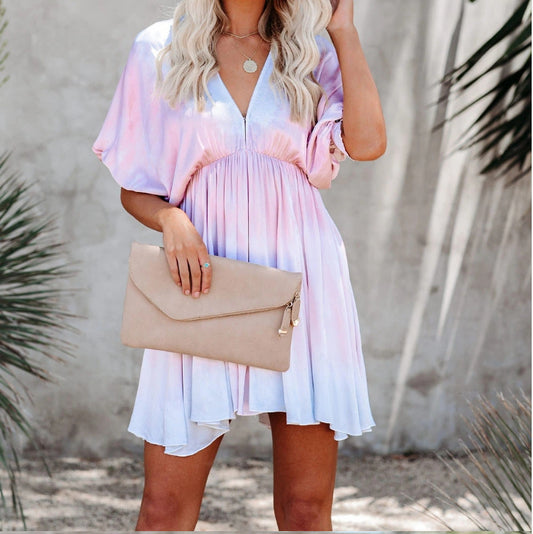 European And American Cross-Border Exclusive For Summer Tie-Dye Deep V Loose Sexy Big Swing Bat Sleeve Short Dress Factory Outlet