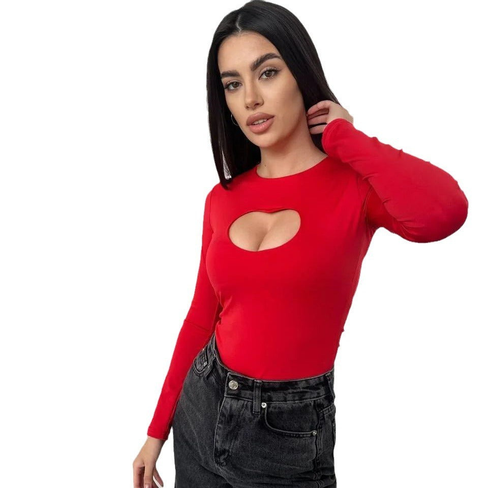Hollowed Heart Shape See-through Round Neck T-shirt