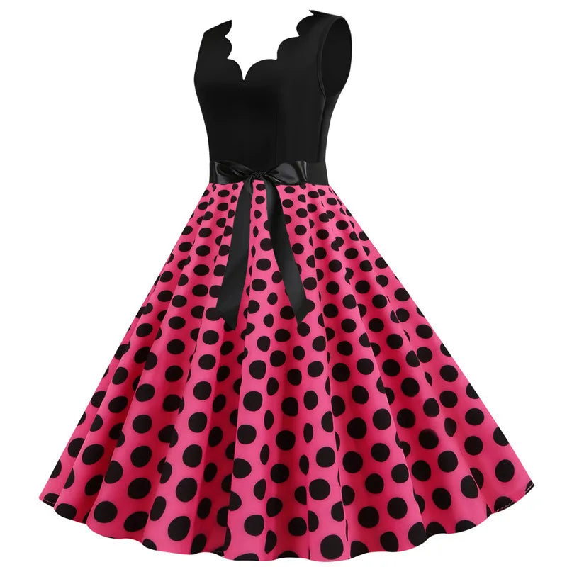 Women Retro Summer Dresses 50s 60s  Sleeveless V-neck Polka Dot Bow Ball Grown Party Sundress Robe Vestidos