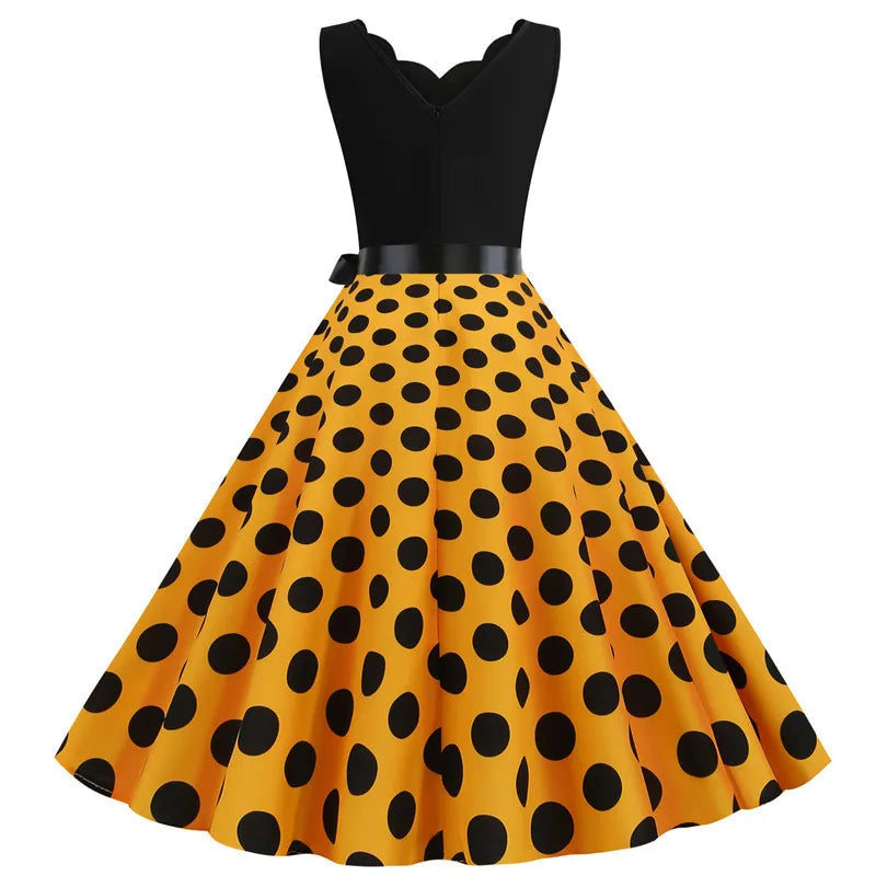 Women Retro Summer Dresses 50s 60s  Sleeveless V-neck Polka Dot Bow Ball Grown Party Sundress Robe Vestidos