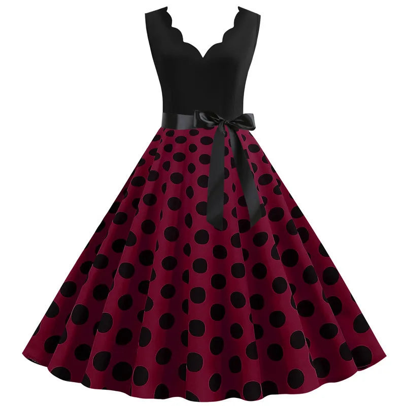 Women Retro Summer Dresses 50s 60s  Sleeveless V-neck Polka Dot Bow Ball Grown Party Sundress Robe Vestidos