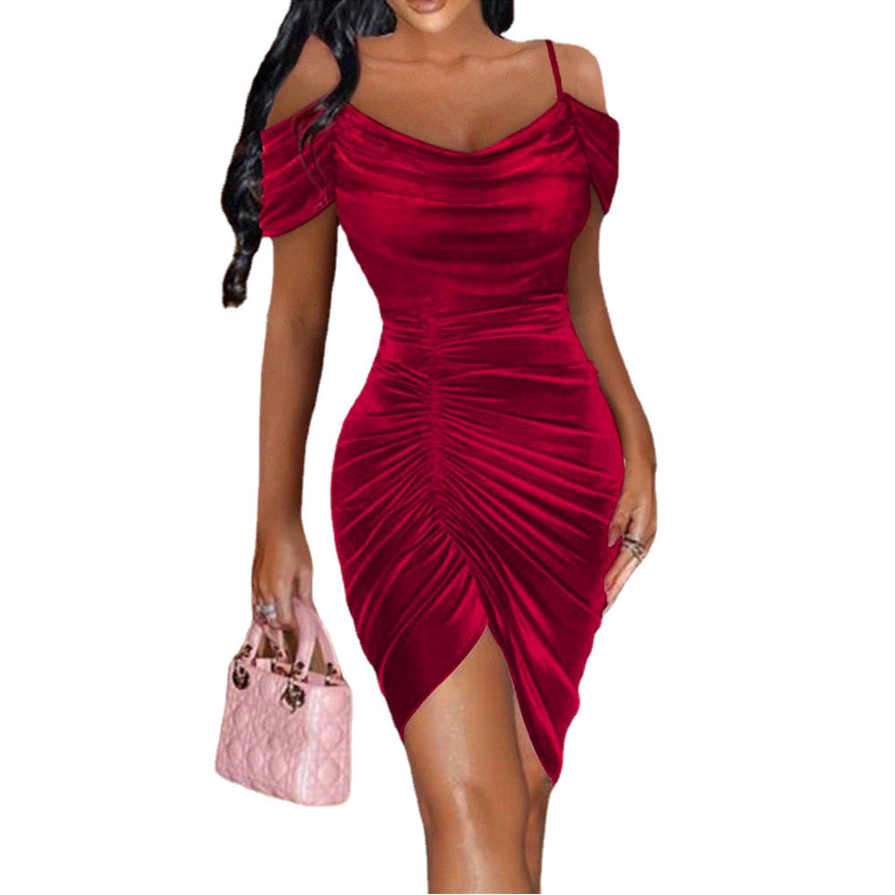 Sexy Slim Strap Fluff Drawstring Irregular Dress