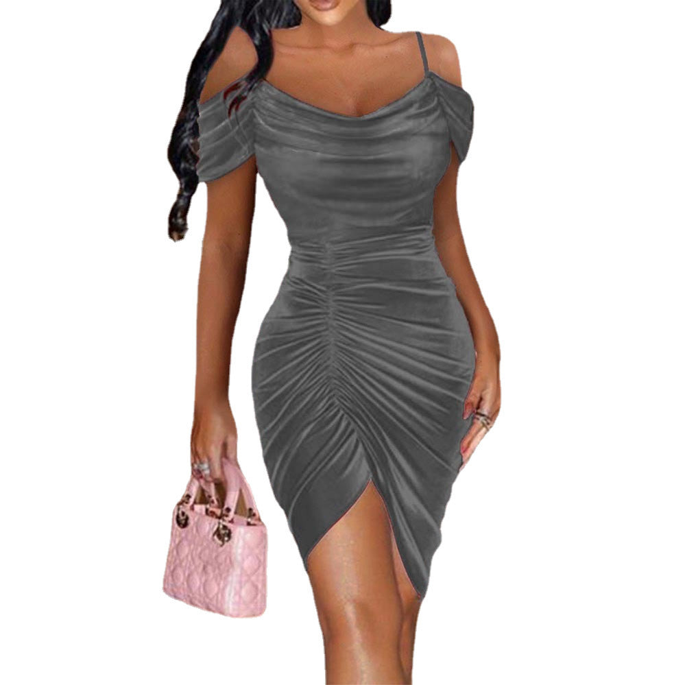 Sexy Slim Strap Fluff Drawstring Irregular Dress