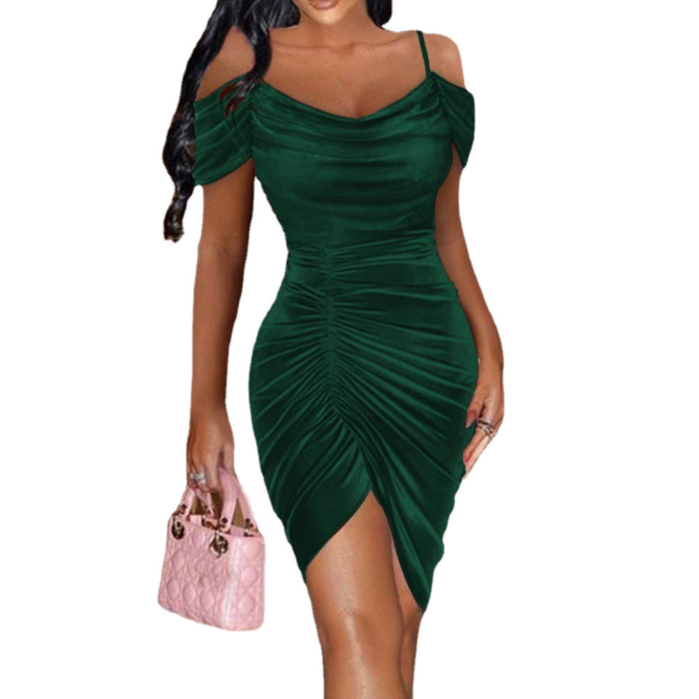 Sexy Slim Strap Fluff Drawstring Irregular Dress