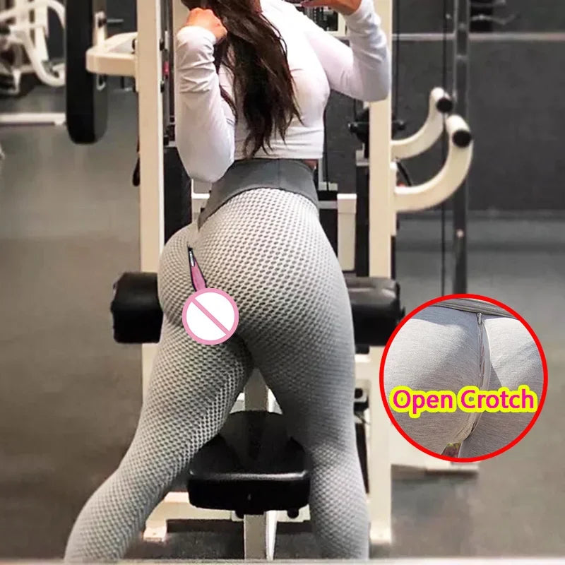 Woman Open Crotch Leggings Sexy with Hidden Zippers Skinny Fishnet Sport Crotchless Pant Elastic Push Up Panties Hot Outdoor Sex