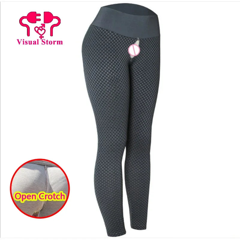 Woman Open Crotch Leggings Sexy with Hidden Zippers Skinny Fishnet Sport Crotchless Pant Elastic Push Up Panties Hot Outdoor Sex