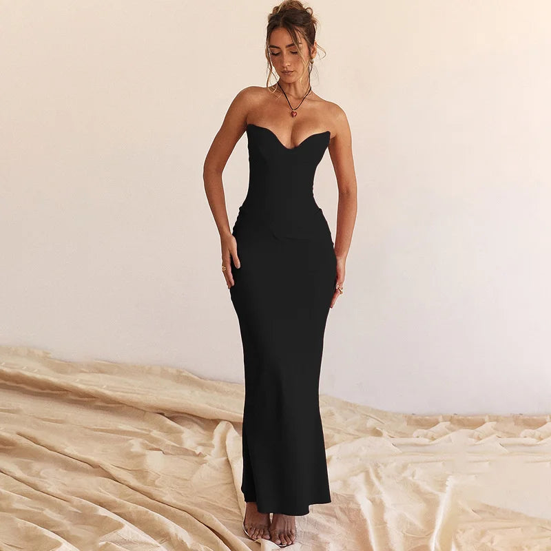 Mozision Strapless Off-shoulder Sexy Maxi Dress For Women Gown Fashion Elegant With Fishbone Bodycon Night Club Party Dress