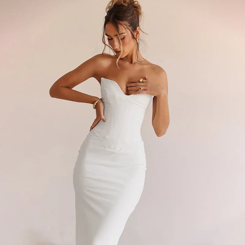 Mozision Strapless Off-shoulder Sexy Maxi Dress For Women Gown Fashion Elegant With Fishbone Bodycon Night Club Party Dress