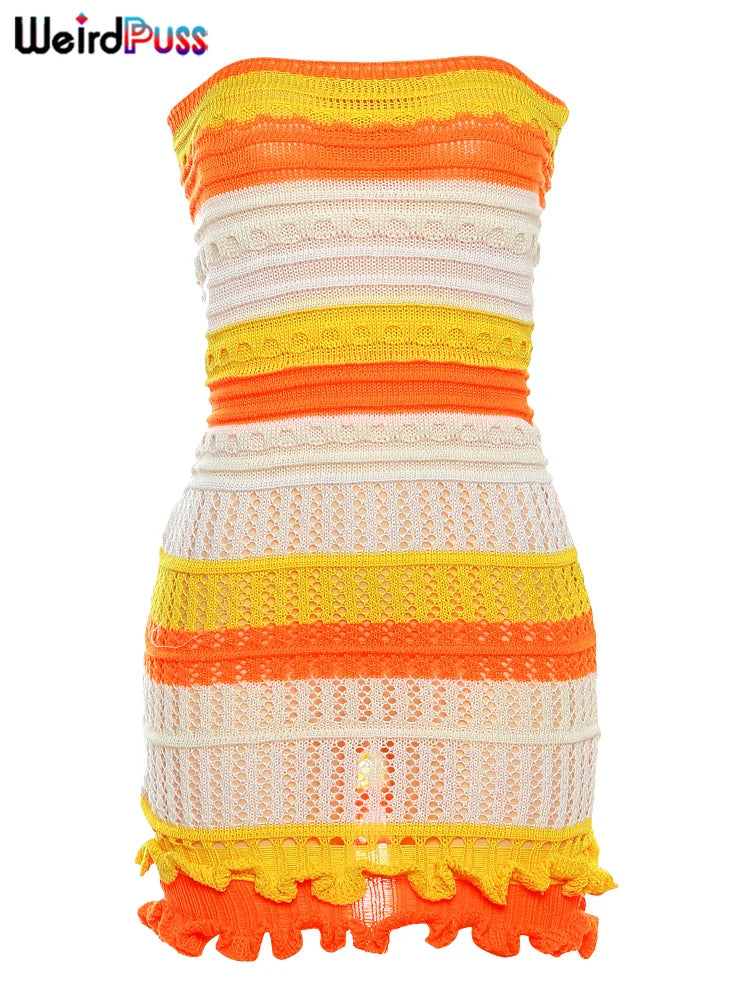 Weird Puss Knit Women Tube Dress Elegant Summer Patchwork Striped Ruffles Hem Skinny Stretch Bodycon Street Vacation Clubwear
