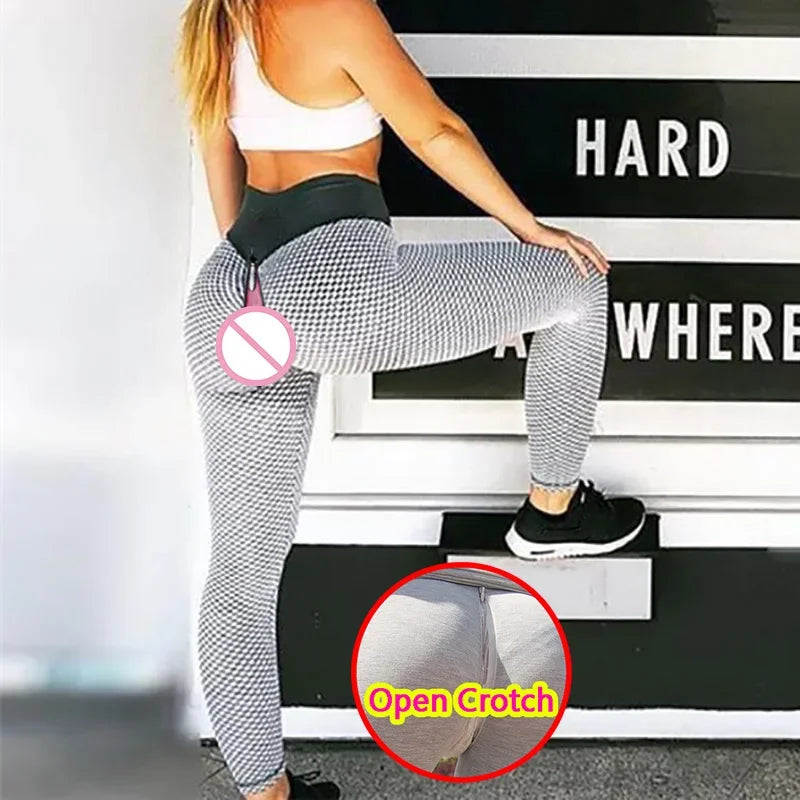 Woman Open Crotch Leggings Sexy with Hidden Zippers Skinny Fishnet Sport Crotchless Pant Elastic Push Up Panties Hot Outdoor Sex